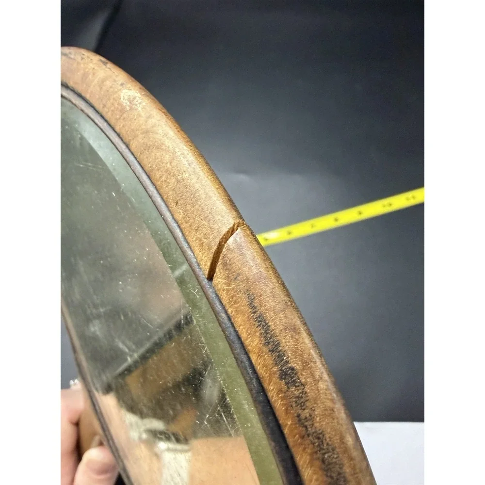 Vintage Hand Held Wooden Oval  Beveled Rustic Primitive Vanity Mirror
